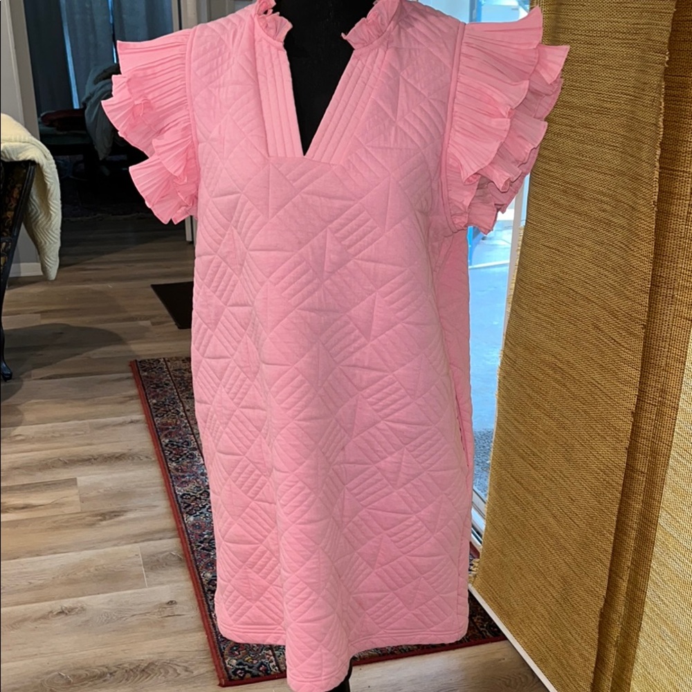 Pink Quilted Ruffle Sleeve Dress